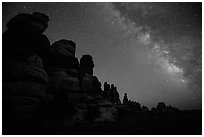 Dollhouse towers and Milky Way, Maze District. Canyonlands National Park, Utah, USA. (black and white)