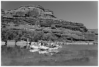 Rafts and cliffs, Colorado River. Canyonlands National Park, Utah, USA. (black and white)