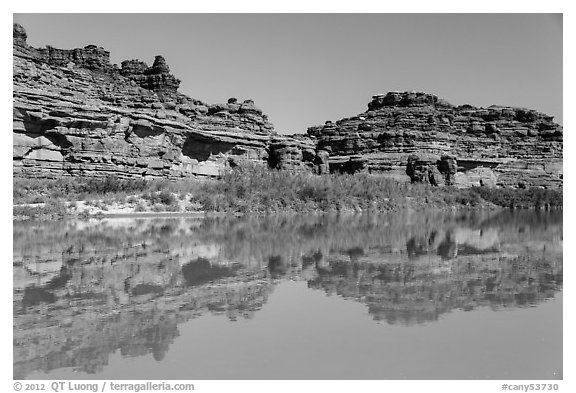 Cliffs reflected in Colorado River. Canyonlands National Park (black and white)