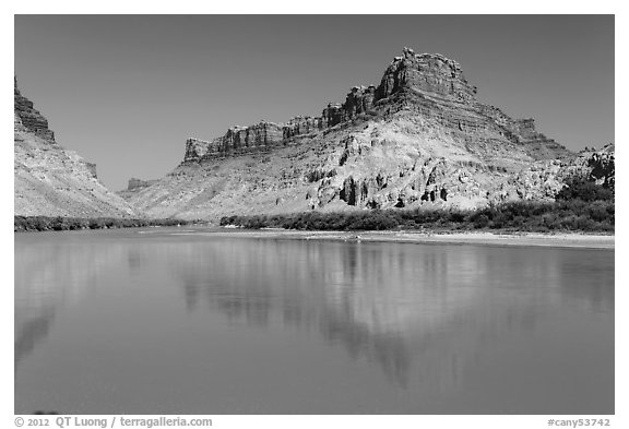 Colorado River at Spanish Bottom with camp in distance. Canyonlands National Park (black and white)