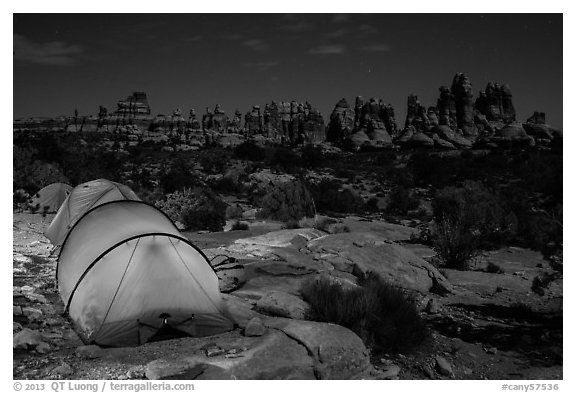Tents at night in the Dollhouse. Canyonlands National Park, Utah, USA.