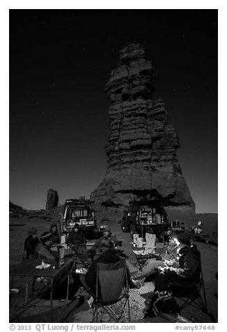 Car-camping at the base of Standing Rock at night. Canyonlands National Park (black and white)