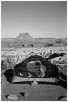 Camp overlooking the Maze. Canyonlands National Park, Utah, USA. (black and white)