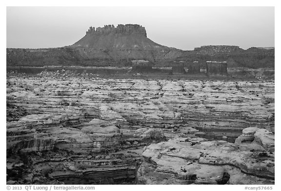 Chocolate drops, Maze canyons, and Elaterite Butte at dawn. Canyonlands National Park, Utah, USA.