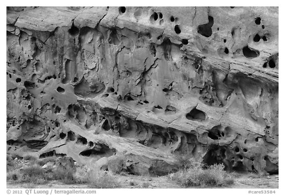 Sandstone cliff wall with holes, Grand Wash. Capitol Reef National Park (black and white)