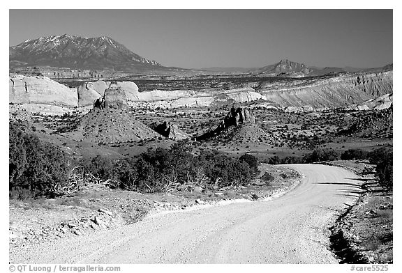 Waterpocket Fold and gravel road called Burr trail. Capitol Reef National Park (black and white)