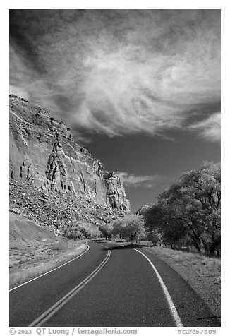 Road, Fruita Orchard in the fall. Capitol Reef National Park (black and white)
