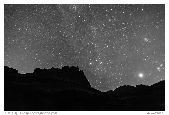 Castle under starry sky at night. Capitol Reef National Park (black and white)