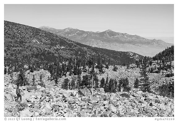 Visitor looking, Wheeler Cirque. Great Basin National Park (black and white)