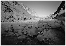 Bottom of Grand Canyon with Tapeats Creek joining  Colorado River. Grand Canyon National Park, Arizona, USA. (black and white)