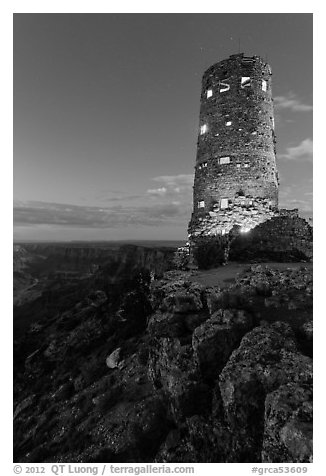 Indian Watchtower at Desert View, dusk. Grand Canyon National Park (black and white)