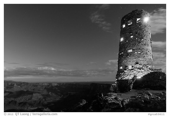 Desert View Watchtower at night. Grand Canyon National Park (black and white)