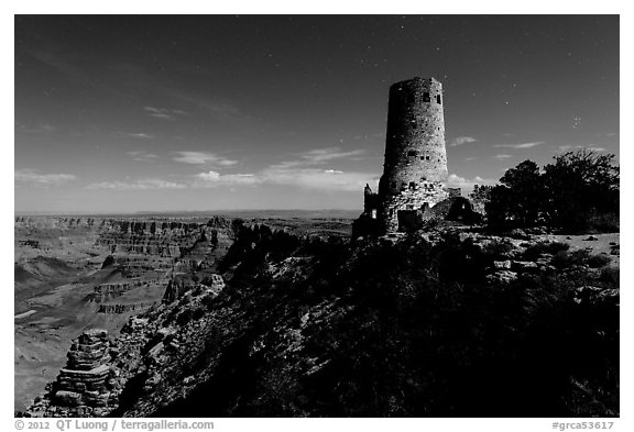 Desert View Watchtower and moonlit canyon. Grand Canyon National Park (black and white)