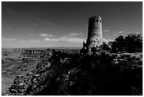 Desert View Watchtower and moonlit canyon. Grand Canyon National Park ( black and white)