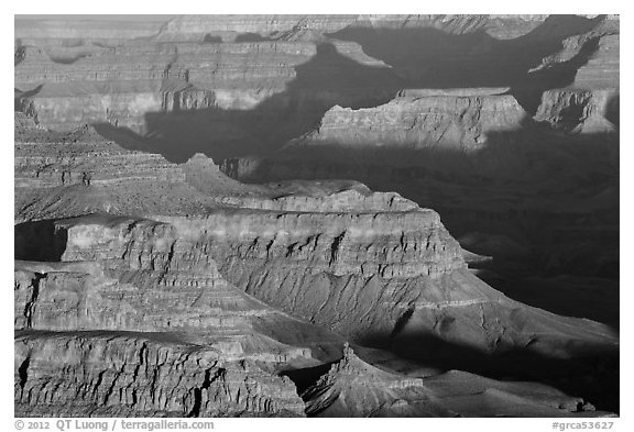 Ridges at sunrise from Moran Point. Grand Canyon National Park (black and white)