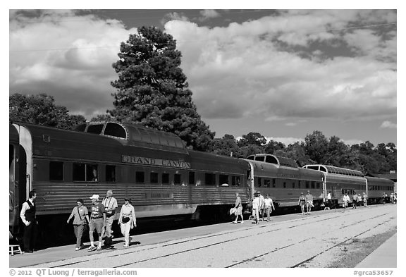 Passengers board Grand Canyon train. Grand Canyon National Park (black and white)