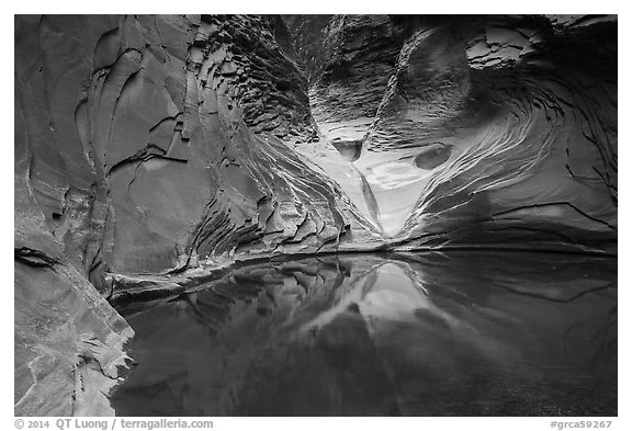 Reflection pool at base of sculpted spillway, North Canyon. Grand Canyon National Park (black and white)