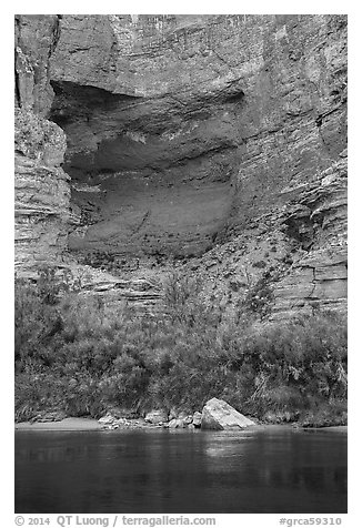 Colorado River and alcove in Redwall limestone. Grand Canyon National Park (black and white)
