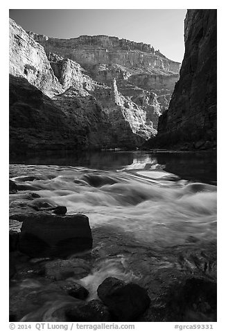 Rapids, reflections, and cliffs, early morning, Marble Canyon. Grand Canyon National Park (black and white)