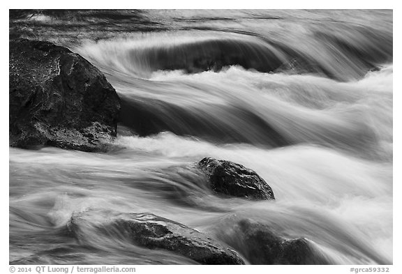 Boulders and rapids with color from canyon walls reflected. Grand Canyon National Park (black and white)