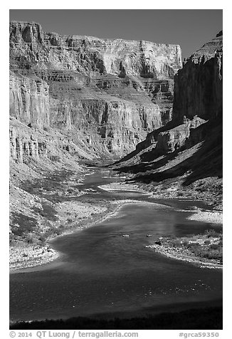 Distant rafts on the Colorado River. Grand Canyon National Park (black and white)