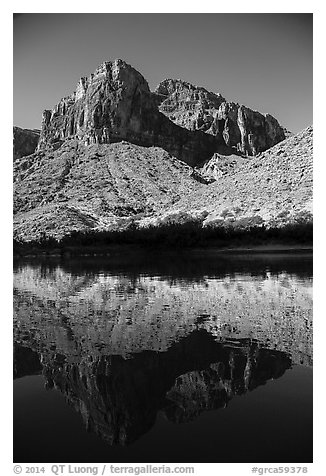 Buttes and reflections in Colorado River. Grand Canyon National Park (black and white)