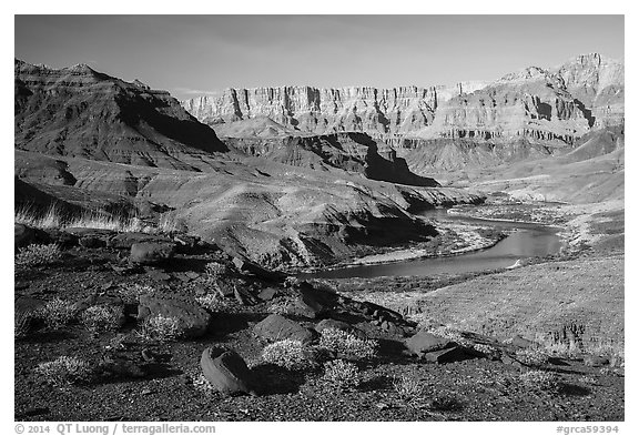 Colorado River bend below Palissades of the Desert. Grand Canyon National Park (black and white)