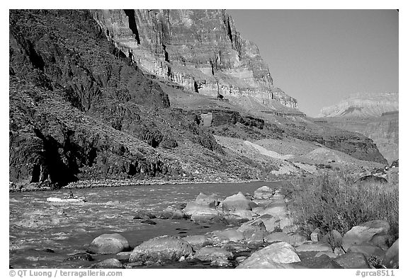 Colorado River with raft. Grand Canyon National Park (black and white)