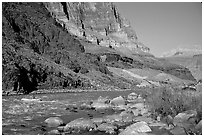 Colorado River with raft. Grand Canyon National Park, Arizona, USA. (black and white)