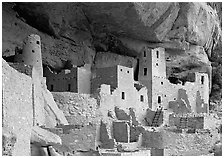 Ancestral pueblan dwellings in Cliff Palace. Mesa Verde National Park, Colorado, USA. (black and white)