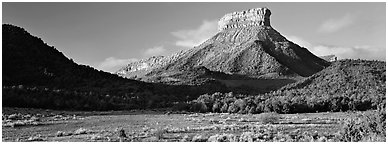 Lookout Peak and meadow. Mesa Verde National Park (Panoramic black and white)