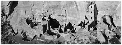 Square Tower House, tallest Ancestral pueblo ruin. Mesa Verde National Park (Panoramic black and white)