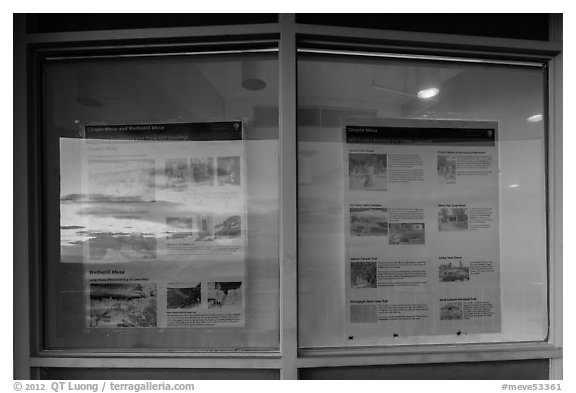 Sunset and attractions listings, Far View visitor center window reflexion. Mesa Verde National Park (black and white)