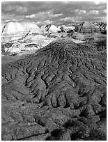 Bentonite and volcanic ash badlands in Blue Mesa, afternoon. Petrified Forest National Park, Arizona, USA. (black and white)