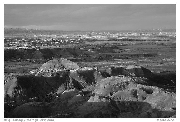 Multi-hued badlands of  Painted desert seen from Chinde Point. Petrified Forest National Park (black and white)