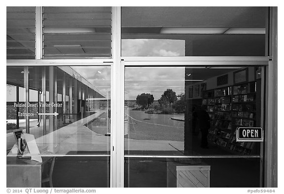 Painted Desert Visitor Center window reflexion. Petrified Forest National Park (black and white)