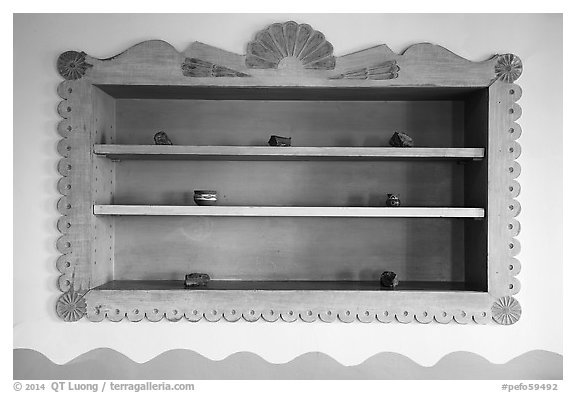 Shelf on dining room with American Indian designs, Painted Desert Inn. Petrified Forest National Park (black and white)