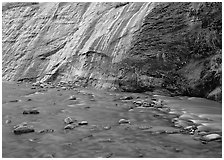 Mystery falls flowing into the Virgin River, the Narrows. Zion National Park, Utah, USA. (black and white)