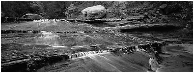 Red travertine terraces with cascades. Zion National Park (Panoramic black and white)