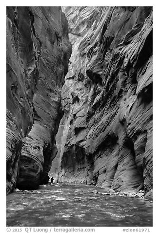 Hikers silhouettes, Virgin River Narrows. Zion National Park (black and white)