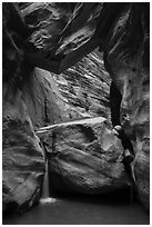 Large boulder creating waterfall with Guillotine boulder above, Orderville Canyon. Zion National Park ( black and white)