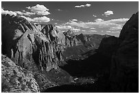 Zion Canyon and shadows from Angels Landing. Zion National Park ( black and white)