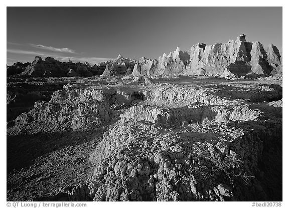 Eroded badlands, Cedar Pass, sunrise. Badlands National Park (black and white)