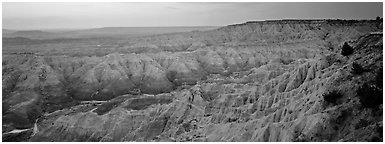 Badlands scenery at dawn, Stronghold Table. Badlands National Park (Panoramic black and white)
