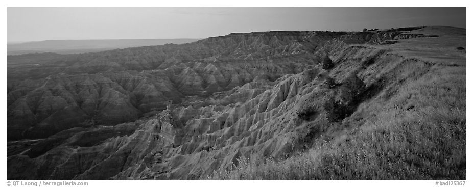 Badlands panorama seen from prairie edge, Stronghold Unit. Badlands National Park (black and white)