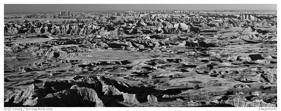 Scenic view of prairie and badlands extending to horizon, Pinnacle Overlook. Badlands National Park (black and white)