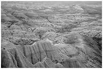 Pastel-colored badlands from Panorama Point. Badlands National Park, South Dakota, USA. (black and white)