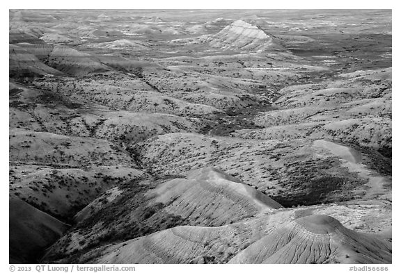 Eroded buttes at sunrise, Panorama Point. Badlands National Park (black and white)