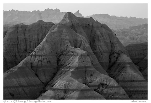 Tall eroded buttes and peaks. Badlands National Park (black and white)