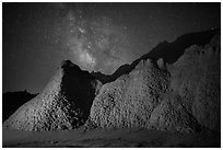 Badlands and Milky Way. Badlands National Park, South Dakota, USA. (black and white)